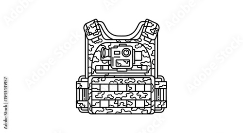 Tactical Vest with Camouflage Pattern and Camera Mount - Line Art Icon