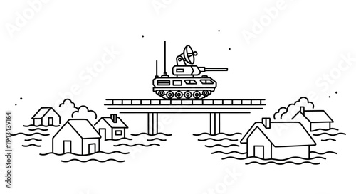 Tank on Bridge Over Flooded Town, Military Intervention, Disaster Relief, Post-Apocalyptic Scene