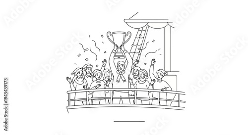 Team celebrating victory, holding trophy, confetti falling