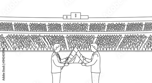 Two businessmen holding a checkered flag at a sports stadium with cheering crowd