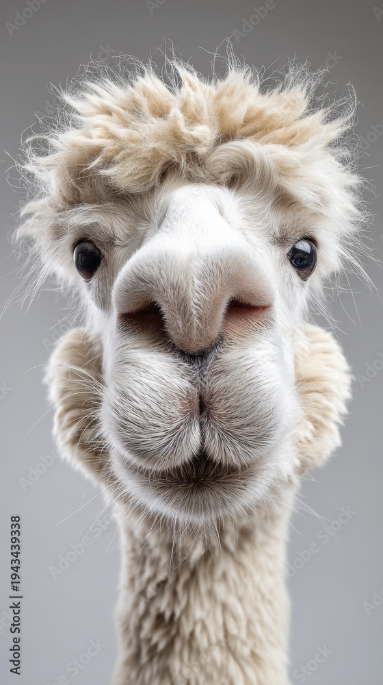 Fototapeta premium White alpaca headshot with a fluffy wool coat looking directly into the camera, showing a friendly animal face expressing curiosity and innocence