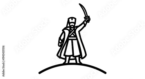 Warrior with Sword Raised on Hilltop - Historical Figure Illustration