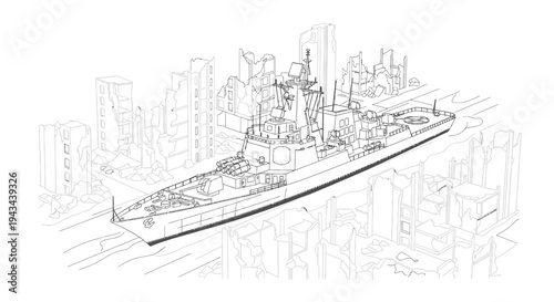 Warship sailing through a city skyline, illustration