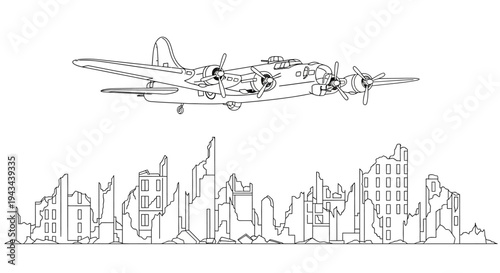 World War II Bomber Flying Over Destroyed Cityscape, Black and White Line Art