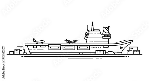 Aircraft Carrier Ship with Airplanes on Deck, Military Naval Vessel, Vector Illustration