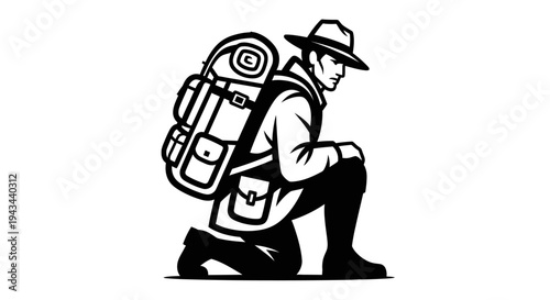 Adventurer Kneeling with Backpack, Silhouette of Explorer on Hike