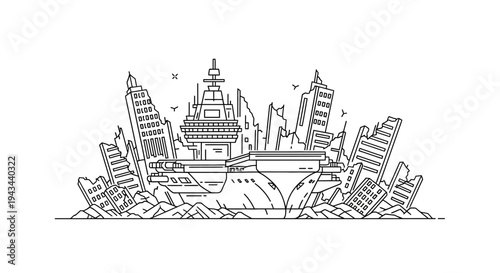 Aircraft carrier in a destroyed city, war, disaster, post-apocalyptic, outline illustration