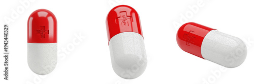 Red and white pill capsule set, medical drug supplement collection, pharmacy antibiotic medication, healthcare pharmaceutical therapy, isolated on white background, PNG
