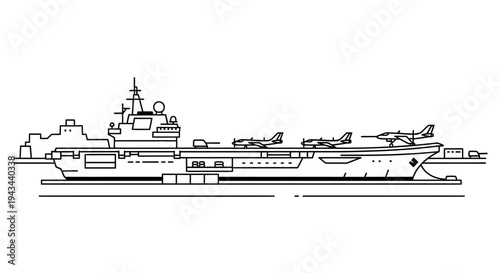 Aircraft Carrier with Airplanes on Deck, Military Ship, Naval Aviation, Vector Illustration