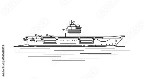 Aircraft Carrier Warship Sailing on Water - Minimalist Line Art Illustration