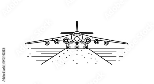 Airplane on runway, front view, line art, aviation, travel, transport, airport, takeoff