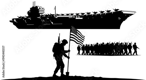 American Soldiers Raising Flag on Aircraft Carrier: Military Victory and Patriotism