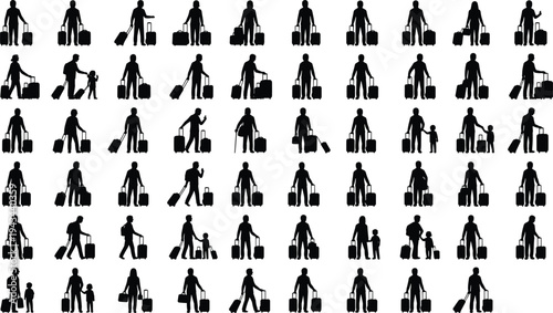 Travelers silhouettes with luggage collection showing people walking with suitcases airport travel journey tourism passenger icons isolated vector illustration