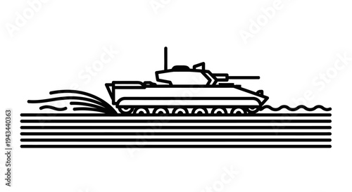 Amphibious Tank Crossing Water, Military Vehicle Illustration