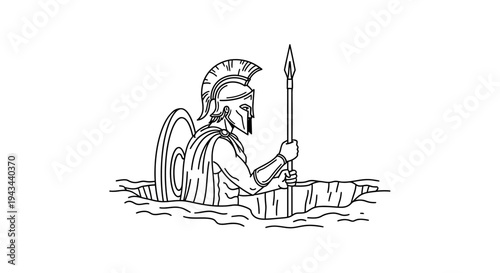 Ancient Greek Warrior Emerging from Cracked Earth with Spear and Shield
