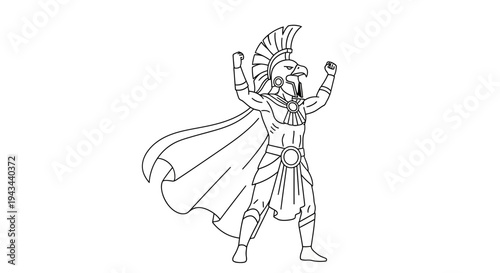 Ancient Egyptian Warrior God Horus with Eagle Head and Cape, Victory Pose