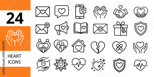 Heart and love icons: emotions, care, health, and relationships