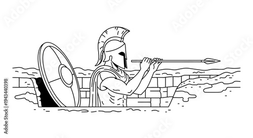 Ancient Greek Warrior with Shield and Spear in Defensive Stance