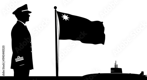 Australian Navy Officer Salutes Flag Beside Submarine Silhouette