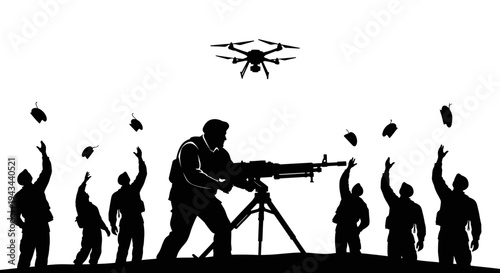 Drone Drops Supplies to Soldiers with Heavy Machine Gun in Silhouette