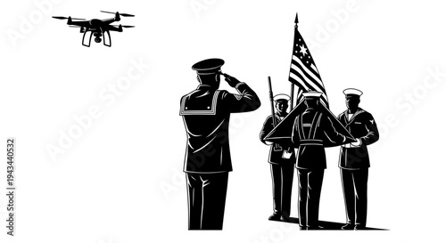 Drone Observes Military Funeral with Flag-Draped Coffin and Saluting Sailors