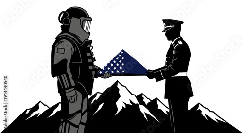 EOD soldier and military officer present folded flag with mountains background