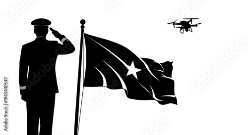 Drone Surveillance and Officer Saluting Flag: Modern Surveillance and Patriotism