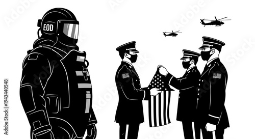 EOD soldier stands guard as soldiers fold American flag, helicopters fly overhead