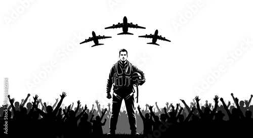 Hero Pilot Standing Crowd Airplanes Flying Overhead Silhouette
