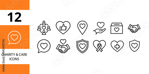 Charity and care icons: support, kindness, donation, and community