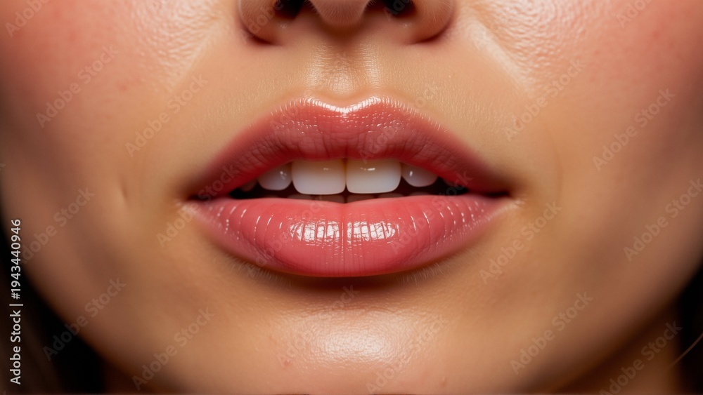 Obraz premium close woman mouth focus her lips which slightly parted her teeth visible lips appear full well groomed skin around her mouth smooth shiny background blurred focus solely lips taken slightly elevated