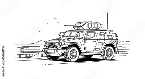Armored Military Vehicle with Turret on Dock, Black and White Line Art