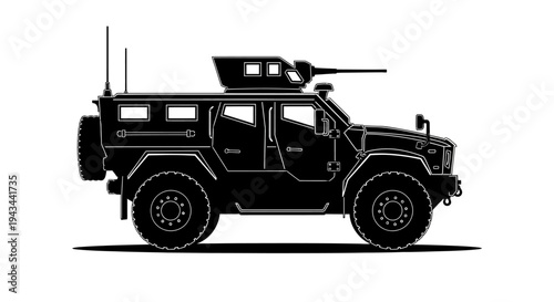 Armored Military Vehicle with Machine Gun Turret - Black and White Silhouette