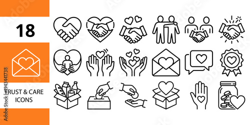 Trust and care icons: handshakes, hearts, giving, and support