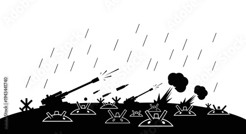 Artillery Barrage in Rain: Silhouette of Tanks and Explosions on Battlefield