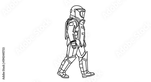 Astronaut Walking in Space Suit, Side View, Line Art Illustration