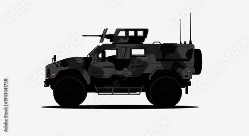 Armored Military Vehicle with Machine Gun Turret, Camouflage, Side View