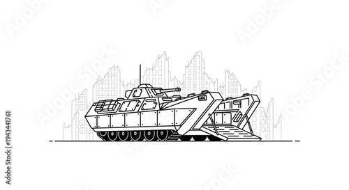 Armored Personnel Carrier in Ruined Cityscape - Line Art Illustration