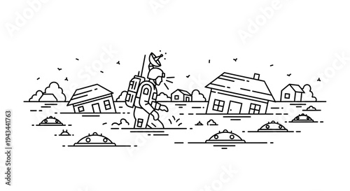 Astronaut Rescuer Navigates Flooded Town with Submerged Houses and UFOs