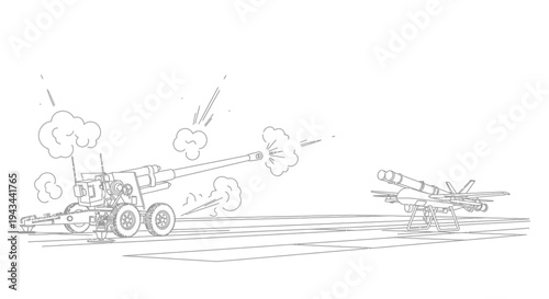 Artillery cannon firing missile, military defense concept, line art illustration