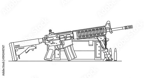 Assault Rifle with Bipod and Ammunition - Line Art Illustration