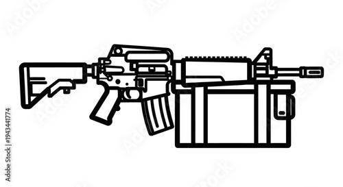 Assault Rifle with Ammo Box Icon, Military Weapon, Combat Gear, Vector Illustration