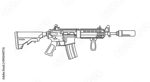 Assault Rifle with Silencer Outline Vector Illustration