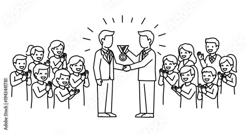 Award Ceremony: Businessman Receives Medal from Colleague Amidst Applause