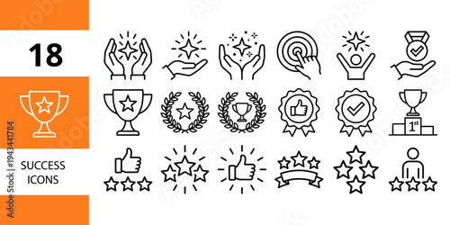 Collection of success and achievement icons: trophies, stars, medals, thumbs up, goals, and hands