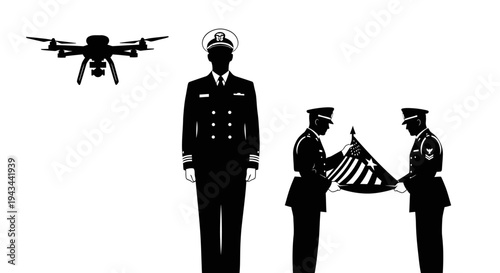 Military Drone Surveillance Over Flag Ceremony with Officers
