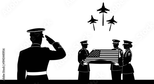 Military Funeral Ceremony: Honor Guard Carries Flag-Draped Coffin with Fighter Jets Flyover