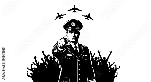 Military General Points Finger at Camera with Airplanes and Crowd Silhouette