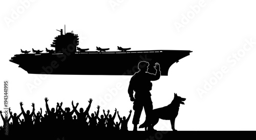 Military Hero with Dog and Aircraft Carrier Silhouette, Crowd Cheering