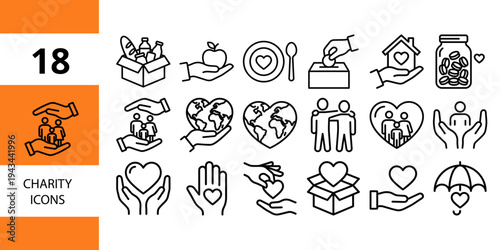 Charity and giving icons: hands offering food, money, houses, and globes with hearts